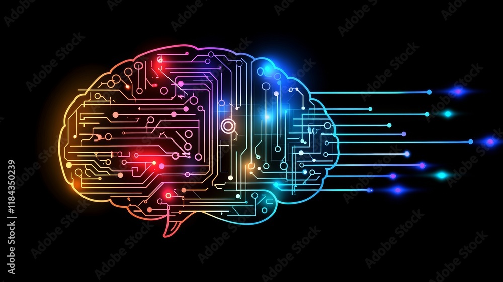 Poster digital brain. circuit patterns, glowing connections and data flows on a futuristic dark background.