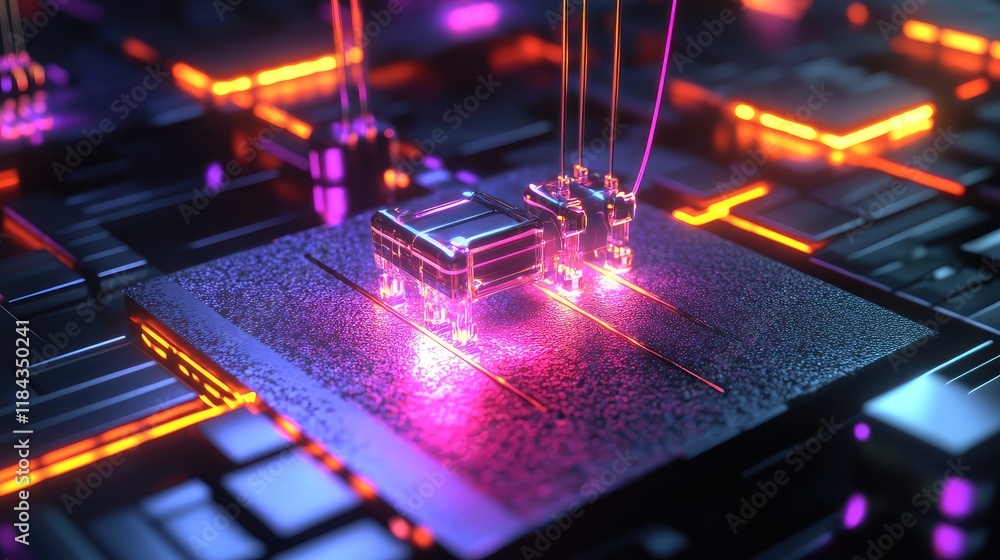 Poster quantum network concept with glowing data beams, quantum entanglement, and high-security data transm