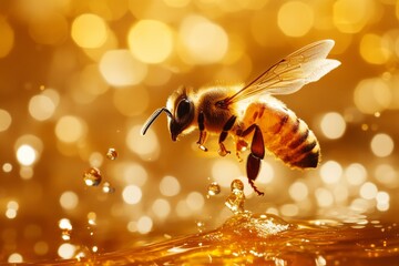 Naklejka premium Honeybee collecting nectar from a flower symbolizing harmony and hard work