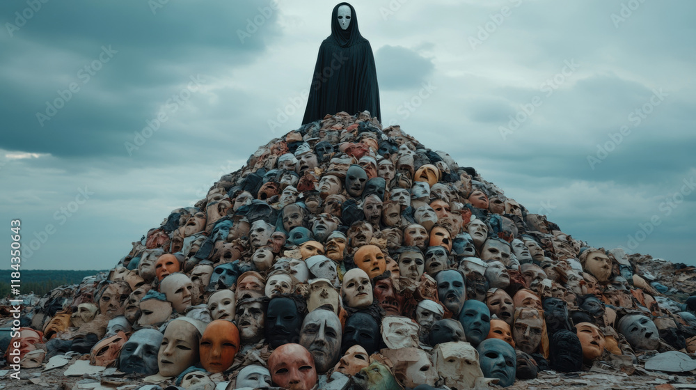 Poster serial killer, a surreal image of a figure draped in a cloak made of stitched faces, creating an int