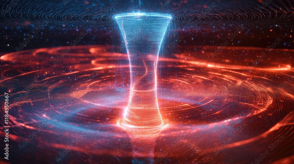 Poster quantum network concept with glowing data beams, quantum entanglement, and high-security data transm