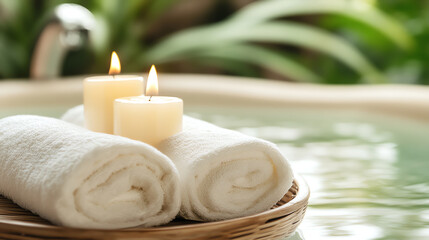 White spa towels with candle in natural light. Perfect for wellness services and relaxation ambiance.