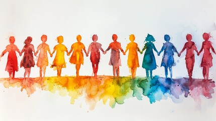 Colorful Silhouette of Diverse People Holding Hands Together in Unity Against a White Background Expressing Love, Solidarity, and Inclusivity Through Watercolor Art