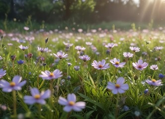 Morning dew glistens on the delicate petals of wildflowers in a lush meadow, creating a beautiful and tranquil scene, green meadow, peaceful atmosphere