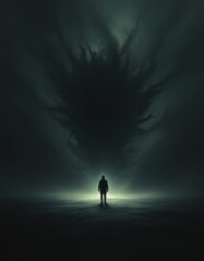 Fototapeta premium Facing the Abyss of Shadows A solitary figure confronts a looming darkness