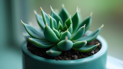 Fototapeta premium Close-up of a Lush Green Succulent in a Teal Minimalist Pot, Botanical Photography