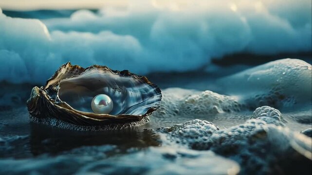 Oyster shell with pearl on beach, ocean waves.