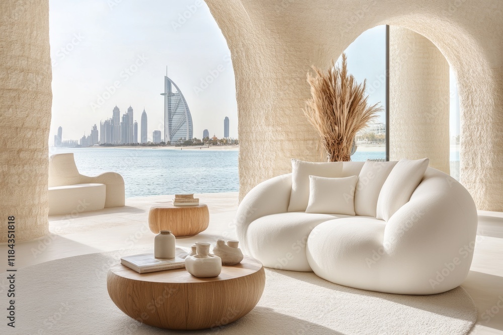 Poster a minimalist design of palm jumeirah, using abstract palm shapes and soft pastel colors for a modern