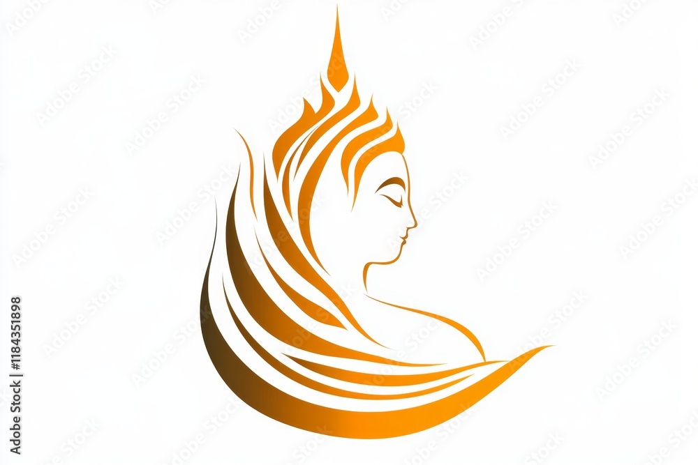 Poster a minimalist design of a golden buddha statue silhouette framed by a simple outline of an ubosot roo