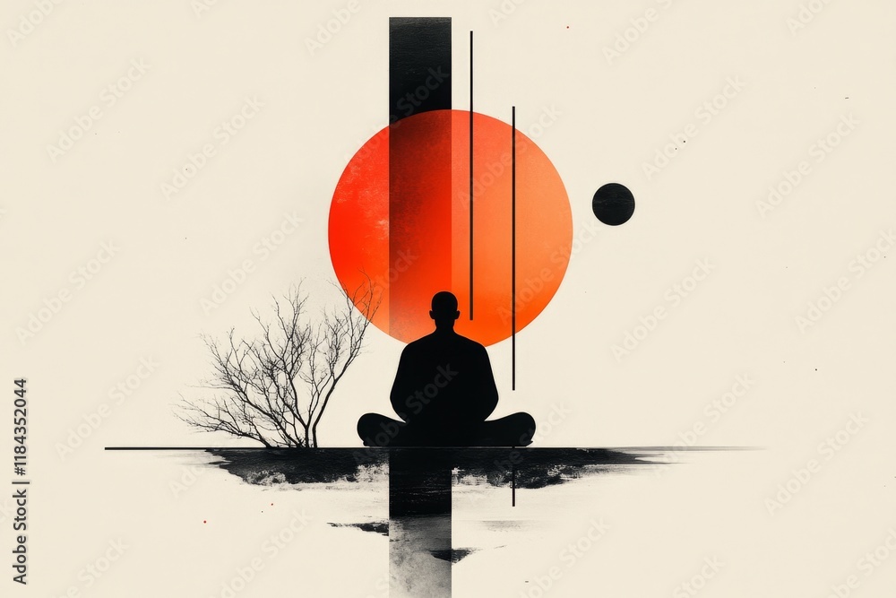 Poster a minimalist design of a monk meditating inside an ubosot, using only bold black and orange shapes o