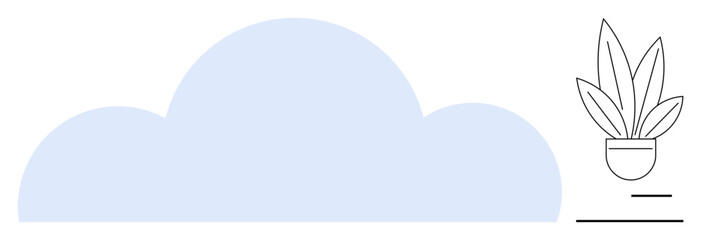 Large cloud shape in soft blue beside a potted plant integration of natural elements and cloud technology. Ideal for technology, nature, ecology, data storage, growth, sustainability, digital