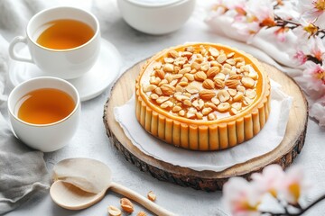 Mooncake with Nuts on Rustic Wooden Board