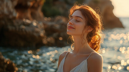 A serene individual practicing gratitude through meditation to cultivate a positive mindset Positive mindset Stock Photo with side copy space