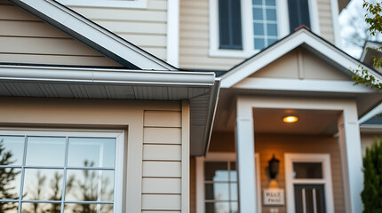Beige House Exterior with White Trim and Windows