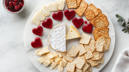 A Valentine's Day-themed cheese platter with heart-shaped crackers, arranged on a white marble surface