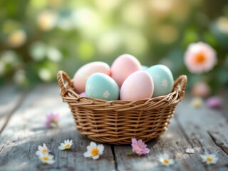 Pastel easter eggs in woven basket on wooden table with flowers