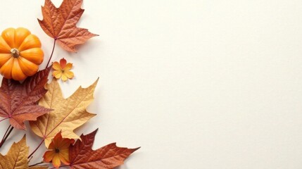Autumnal Decor  Miniature Pumpkin and Colorful Fall Leaves on a Cream Background