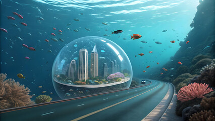 Futuristic Underwater City with Marine Life and Roadway Landscape