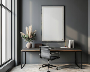 Office room with blank poster/photo frame on the wall, version 16