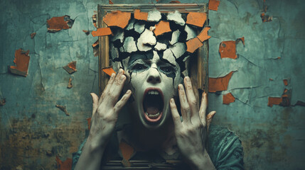 Serial killer, A surreal image of a figure with scissors for hands, evoking themes of creativity and transformation, set against a vibrant backdrop.