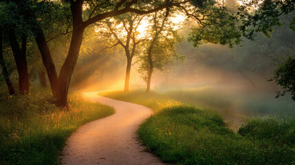 A nature walk symbolizing mindfulness and fostering a positive outlook on life Positive mindset Stock Photo with side copy space