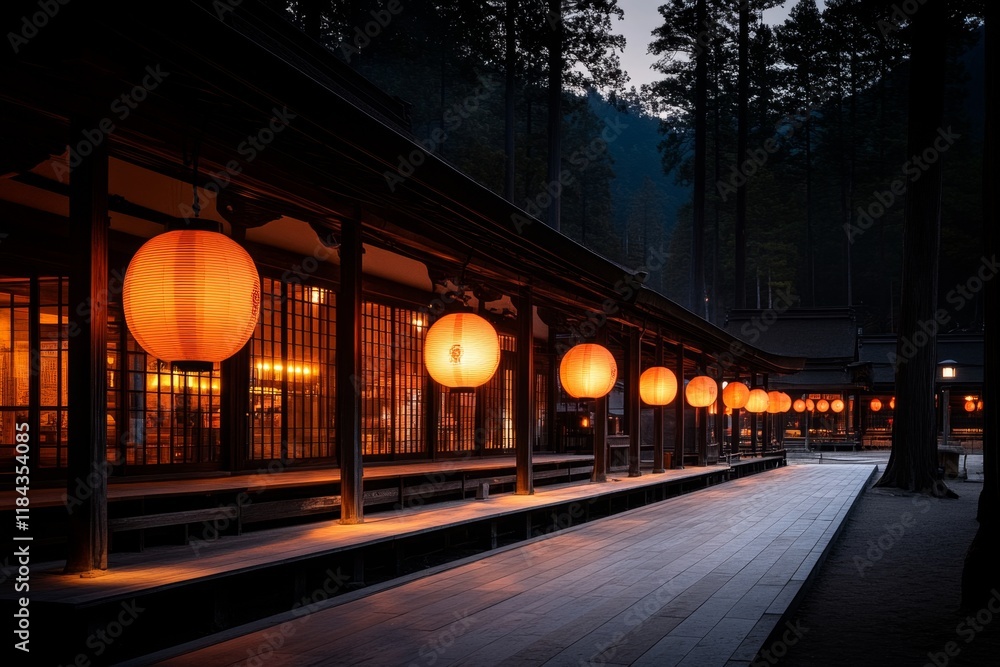 Poster a peaceful night scene of an ubosot, illuminated by soft lantern light and surrounded by the quiet o