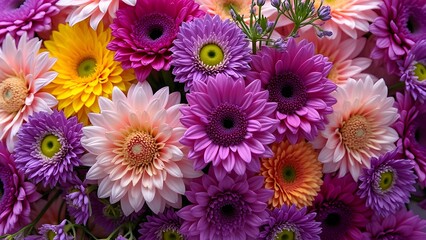Fototapeta premium Vibrant Purple Floral Bouquet, Colorful Gerbera Daisies, Close-Up Macro Shot of Diverse Flower Textures and Shapes