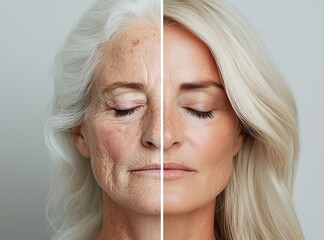 Portrait photo of a woman with a split screen, demonstrating youthful glow on one side, aged skin on the other, ideal for skincare promotions.