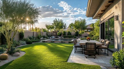 Luxurious backyard patio with pool and manicured landscaping under a beautiful sunset.