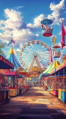 A vibrant carnival scene with colorful tents, ferris wheel, and game booths
