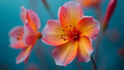 Close-up of Vibrant Cyan Flower, Stunning Detailed Floral Composition with Peach and Pink Hues