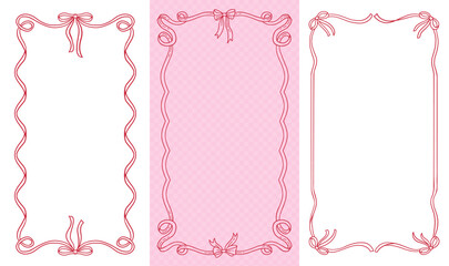 Coquettish elegant decorative vertical frames set featuring a ribbon bow design with flowing hand drawn contours. Vector16x9 borders for invitations, cards, and artistic projects