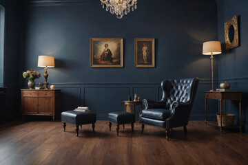 Vintage old room with leather armchair and wooden flooring in classic style and a lot of suitcases with blue wall. Copy space. Vogue and luxury.