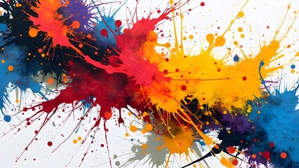 Abstract Bold Color Splashes, Dynamic White Background Art - Vibrant Red, Yellow, Blue, and Black Paint Explosions