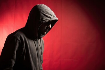 Anonymous crime concept. Silhouette of man without face in hood on a red background. 