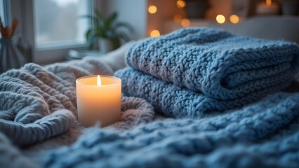 Cozy Hygge Scene, Blue Knitted Blankets, Warm Candlelight, and Soft Textures