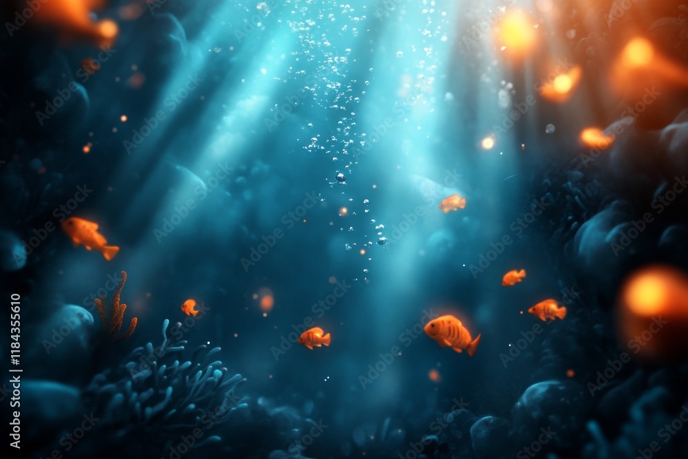 Poster a pixel art underwater scene with animated fish, glowing coral, and a scuba diver exploring the dept