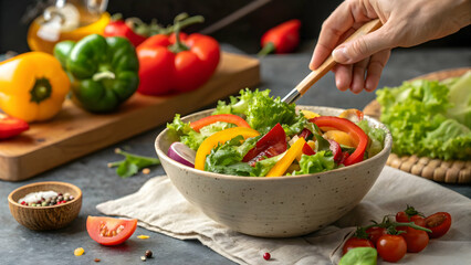 Fresh Colorful Salad Preparation with Vibrant Vegetables and Greens