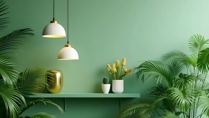 Modern green interior decoration with plants and floral arrangements.