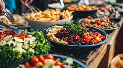A vibrant street food market with various stalls offering international cuisines
