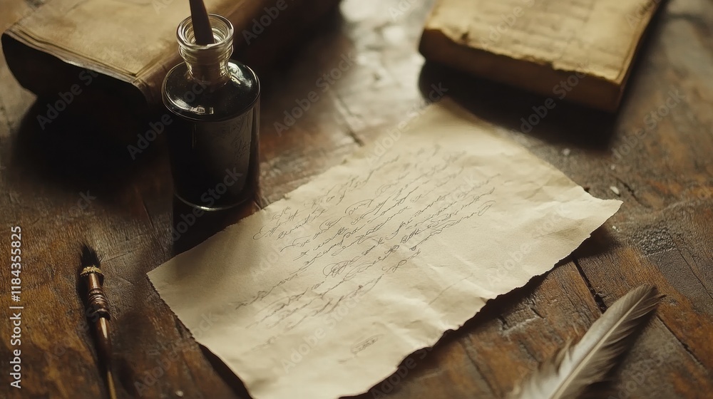 Poster elegant calligraphy tools arranged on a wooden desk with parchment paper and ink. generative ai