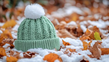 Light Green Winter Hat with White Pom-pom, Snowy Garden Setting Amid Fallen Leaves