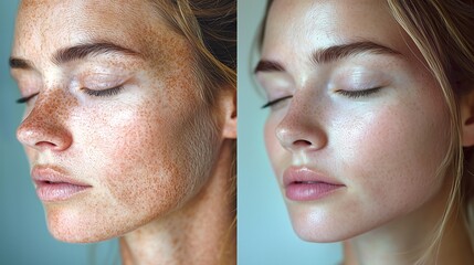 Before and after close-up of a woman’s face showing clear improvements in skin health.