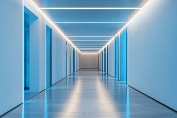 Modern blue hallway with reflective surfaces and futuristic lighting