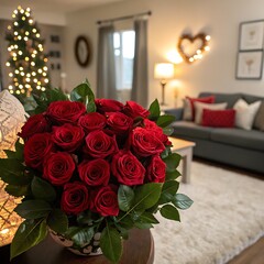 Fototapeta premium bouquet of red roses on valentine's day celebration 
