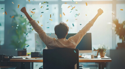 A professional celebrating workplace achievements with a focus on maintaining a positive mindset Positive mindset Stock Photo with side copy space
