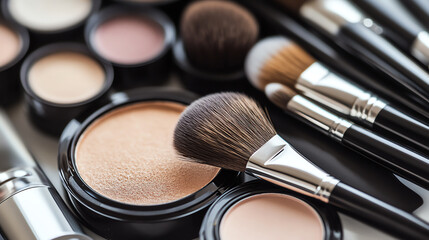 Professional makeup palette with brushes closeup. Essential for beauty expertise and cosmetic artistry.