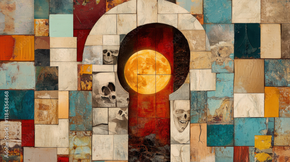 Poster serial killer, a visually striking image of a house constructed from fragmented mirrors and bones, f