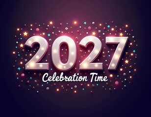 Celebrating the New Year 2027 with sparkling gold numbers and holiday decorations on a blue background. New Year 2027