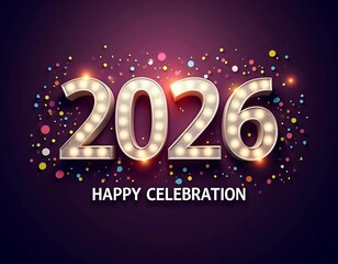 Celebrating the New Year 2026 with sparkling gold numbers and holiday decorations on a blue background. New Year 2026
